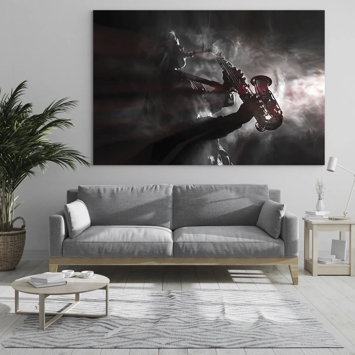 Glasbild - Bild auf glas - Saxophonist in einer Rauchwolke in Schwarz und Weiß - 70x50cm - In den Dämpfen des Jazz - Moderne Wanddekoration für Wohnzimmer und Schlafzimmer ARTTOR