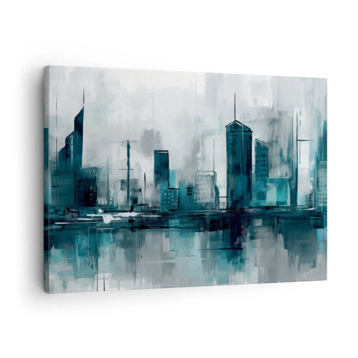 Bild auf Leinwand - Leinwandbild - Eine moderne Stadt in Türkis- und Grautönen - 70x50cm - Eine Stadt in der Farbe des Regens - Moderne Wanddekoration für Wohnzimmer und Schlafzimmer ARTTOR