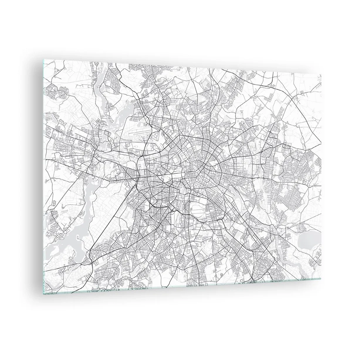 Glasbild - Bild auf glas - Schwarz-weiße Karte von Berlin mit geometrischem Straßenverlauf - 70x50cm - Berliner Blume - Moderne Wanddekoration für Wohnzimmer und Schlafzimmer ARTTOR