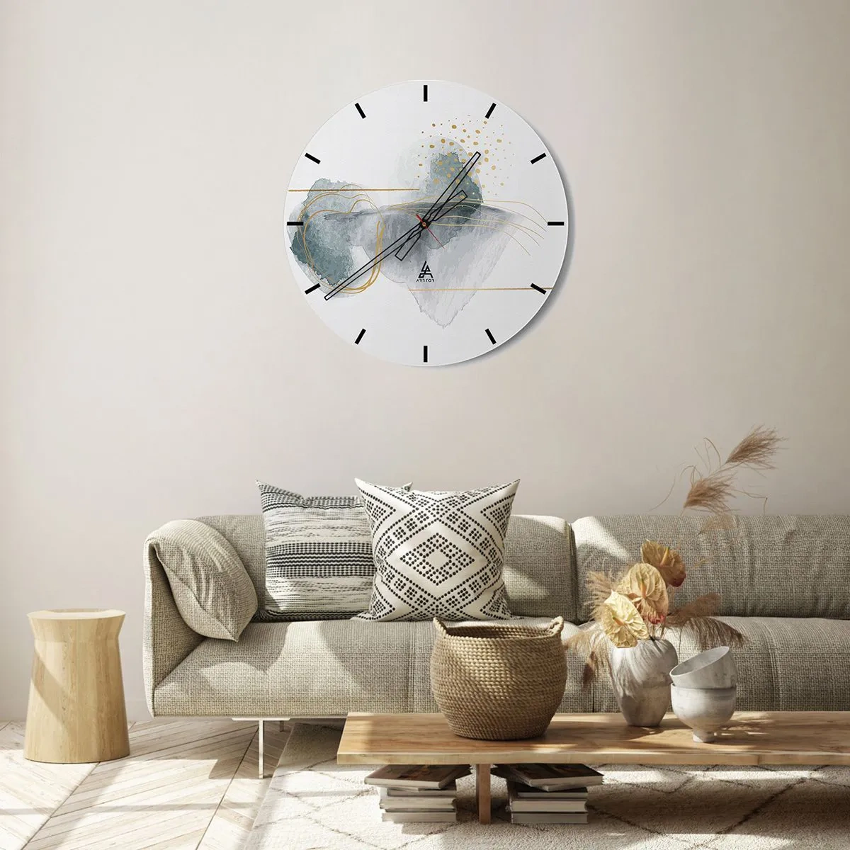 Wanduhr - Glasuhr - Pastellfarbene abstrakte Formen mit goldenen Linien und Punkten auf weißem Hintergrund. - 30x30cm - Über das Verhältnis von Grau und Gold - Moderne Wanddekoration für Wohnzimmer, Küche und Schlafzimmer ARTTOR