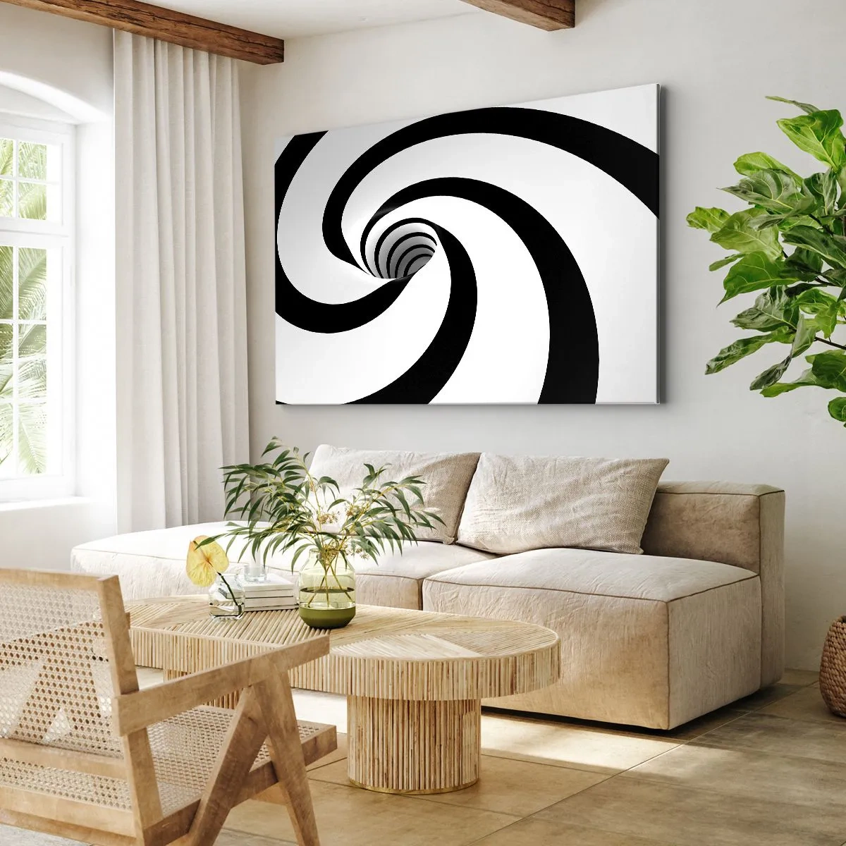 Bild auf Leinwand - Leinwandbild - Abstrakte schwarz-weiße Spirale mit Wirbeleffekt - 70x50cm - Dem Wirbel nachgeben? - Moderne Wanddekoration für Wohnzimmer und Schlafzimmer ARTTOR