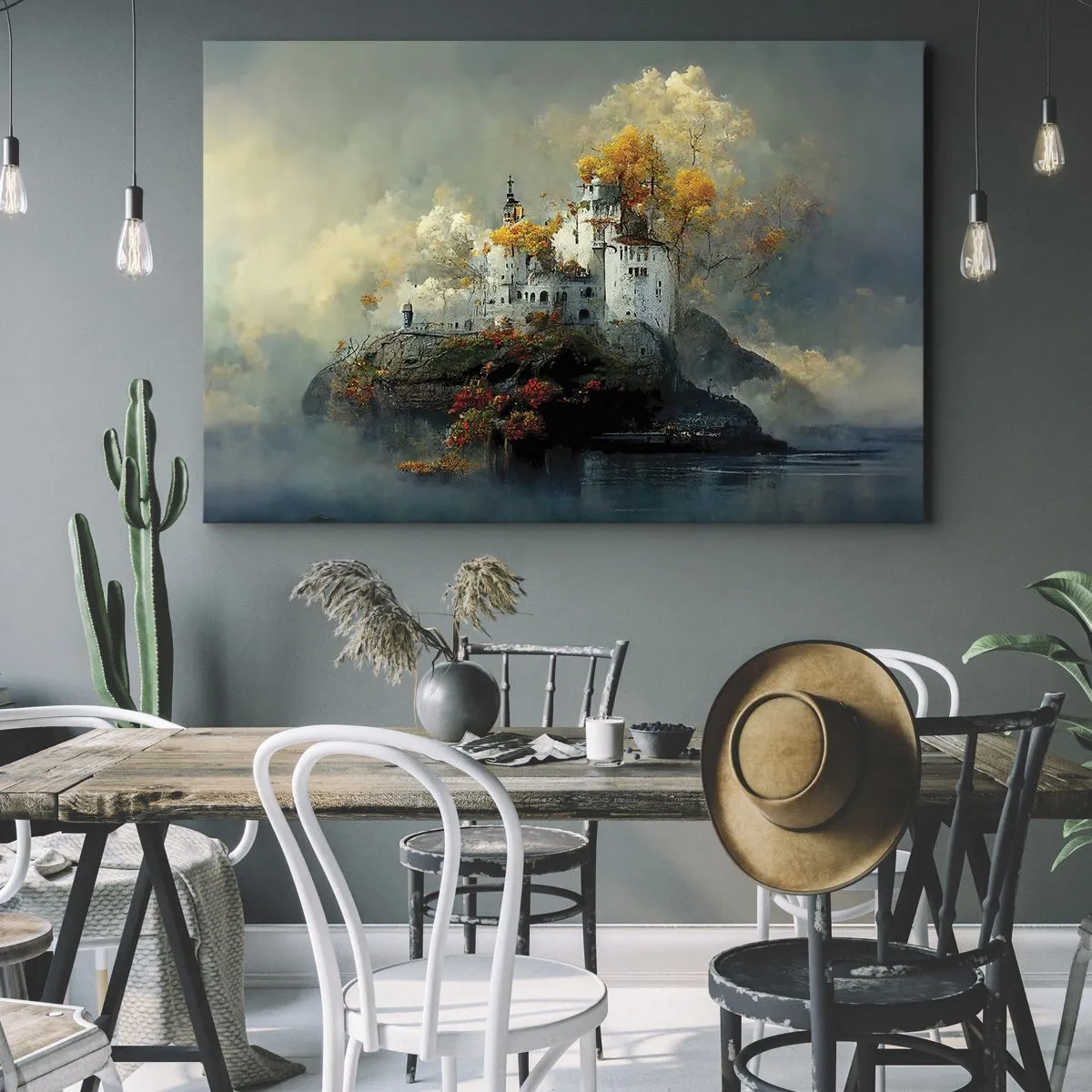 Bild auf Leinwand - Leinwandbild - Ein Schloss auf einem Hügel, umgeben von herbstlichen Bäumen - 70x50cm - Beginn einer romantischen Geschichte - Moderne Wanddekoration für Wohnzimmer und Schlafzimmer ARTTOR