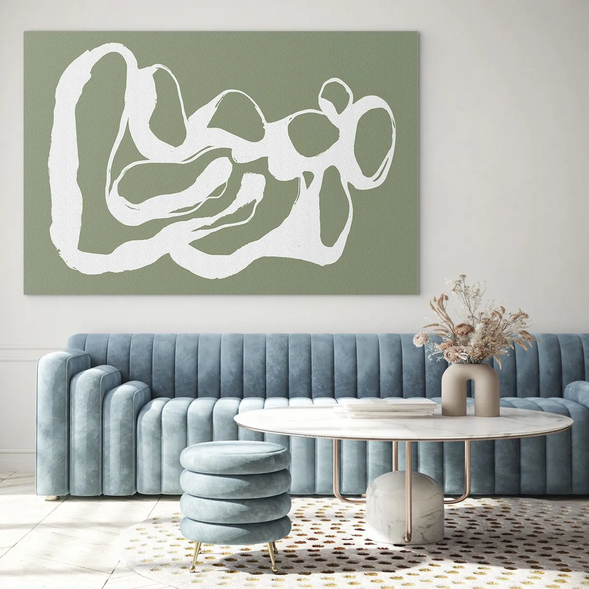 Glasbild - Bild auf glas - Abstrakte weiße organische Form auf olivgrünem Hintergrund - 70x50cm - Ruf des Weltraums - Moderne Wanddekoration für Wohnzimmer und Schlafzimmer ARTTOR