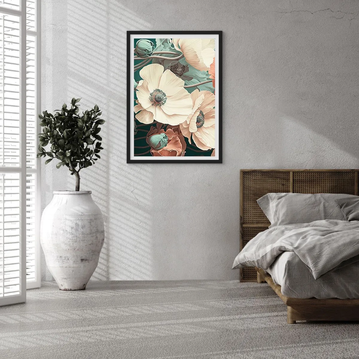 Poster in einem schwarzem Rahmen - Zarte Blüten in Pastelltönen auf dunklem Untergrund - 50x70cm - Flüstern von Mohnblumen - Moderne Wanddekoration für Wohnzimmer und Schlafzimmer ARTTOR