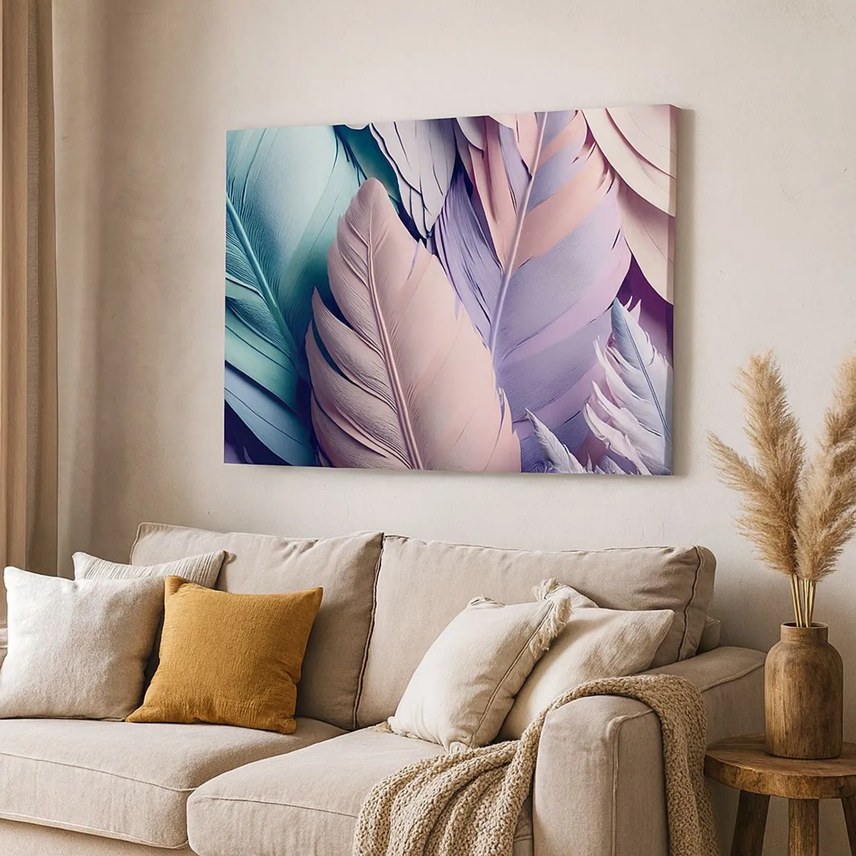 Bild auf Leinwand - Leinwandbild - Bunte Federn in Pastelltönen auf hellem Hintergrund - 70x50cm - Vogel-Chic - Moderne Wanddekoration für Wohnzimmer und Schlafzimmer ARTTOR