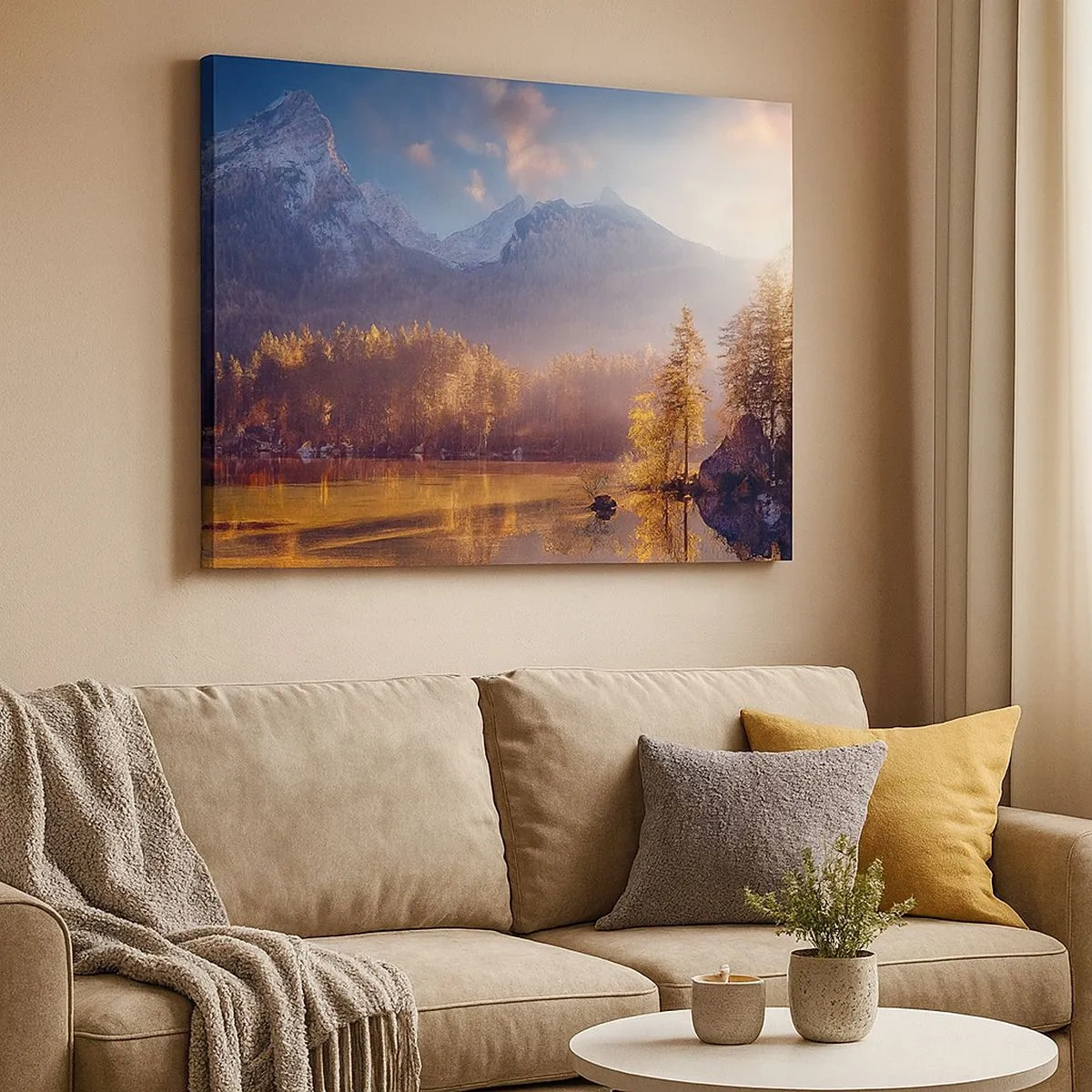 Bild auf Leinwand - Leinwandbild - Malerischer Blick auf den Bergwald und den See im Morgengrauen - 70x50cm - In den Bergen und Tälern - Moderne Wanddekoration für Wohnzimmer und Schlafzimmer ARTTOR