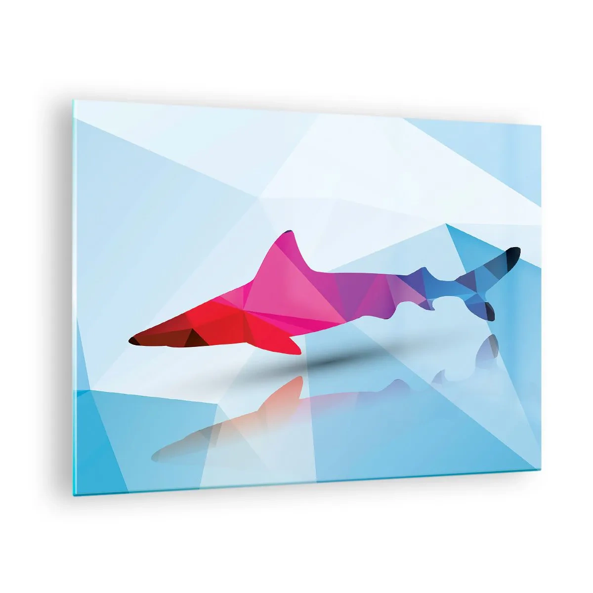 Glasbild - Bild auf glas - Geometrischer Hai in Rot- und Blautönen - 70x50cm - Ein Hai in einem Kristallraum - Moderne Wanddekoration für Wohnzimmer und Schlafzimmer ARTTOR