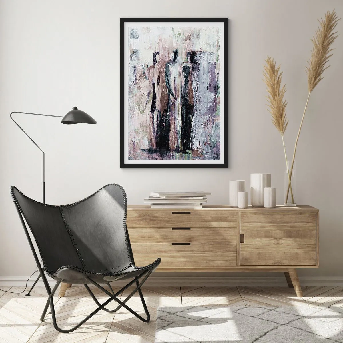 Poster in einem schwarzem Rahmen - Abstrakte Figuren in gedämpften Farben - 50x70cm - Die geheimnisvolle Drei - Moderne Wanddekoration für Wohnzimmer und Schlafzimmer ARTTOR