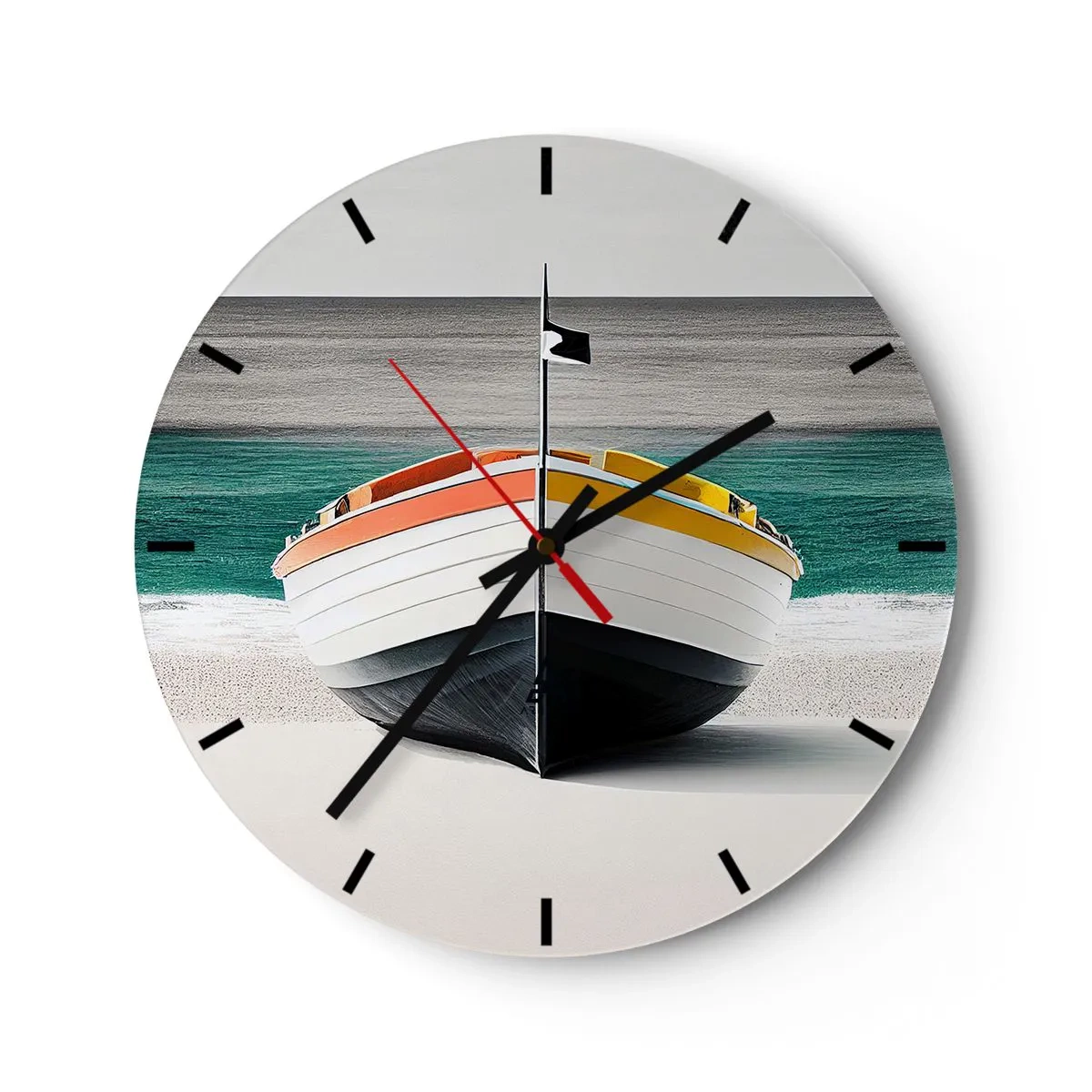 Wanduhr - Glasuhr - Buntes Fischerboot an einem Sandstrand - 30x30cm - An seinem Platz - Moderne Wanddekoration für Wohnzimmer, Küche und Schlafzimmer ARTTOR