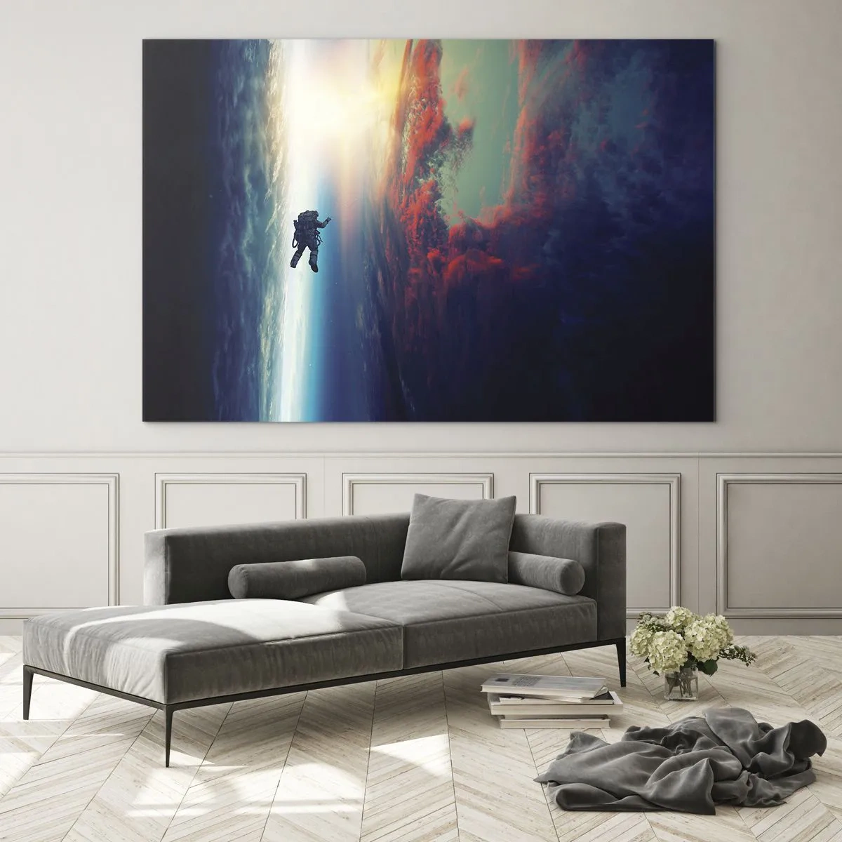 Glasbild - Bild auf glas - Ein Astronaut, der durch den Weltraum in Richtung Licht treibt - 70x50cm - Sich dem Universum stellen - Moderne Wanddekoration für Wohnzimmer und Schlafzimmer ARTTOR