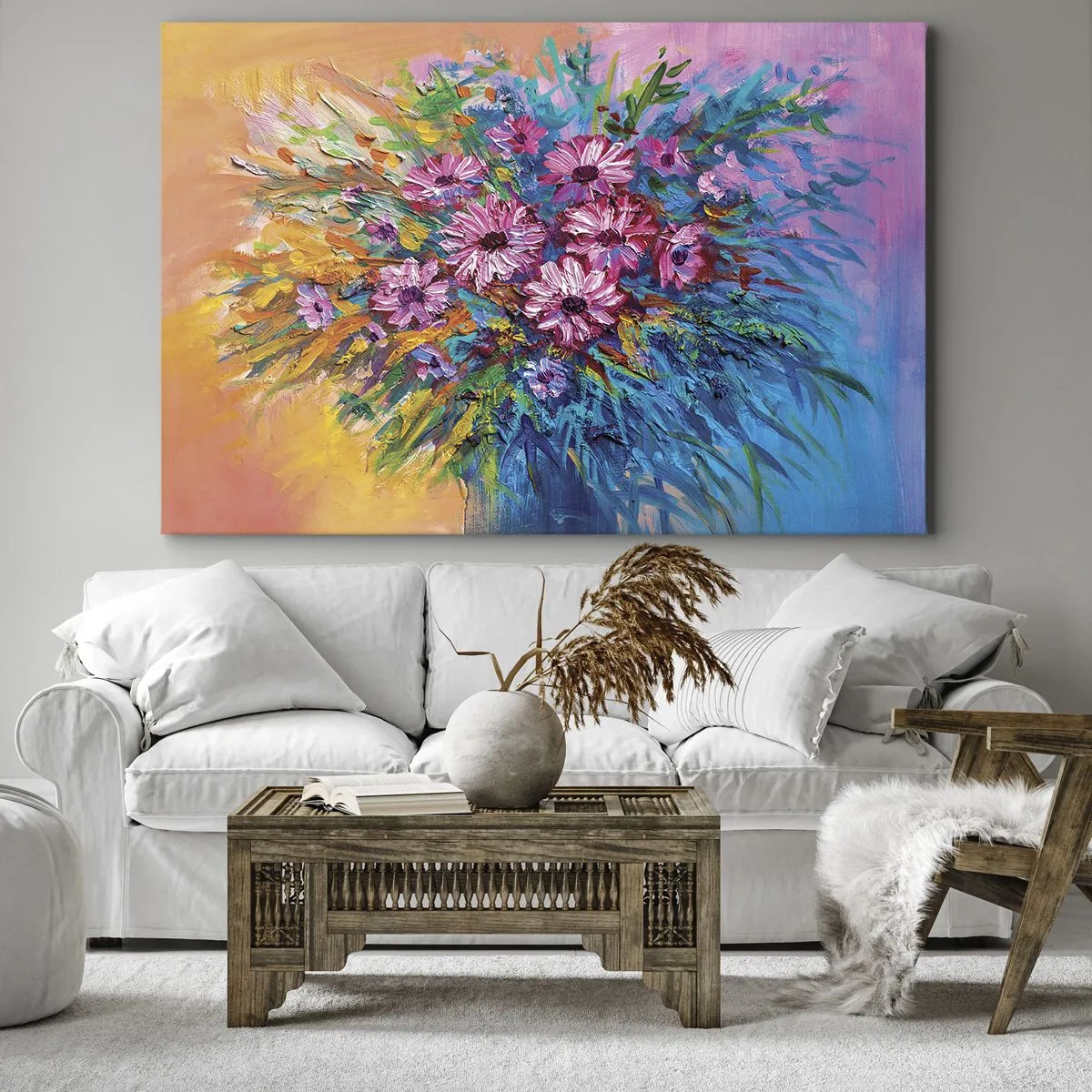 Bild auf Leinwand - Leinwandbild - Bunte Blumen in einem Strauß vor pastellfarbenem Hintergrund - 70x50cm - Lebensenergie - Moderne Wanddekoration für Wohnzimmer und Schlafzimmer ARTTOR