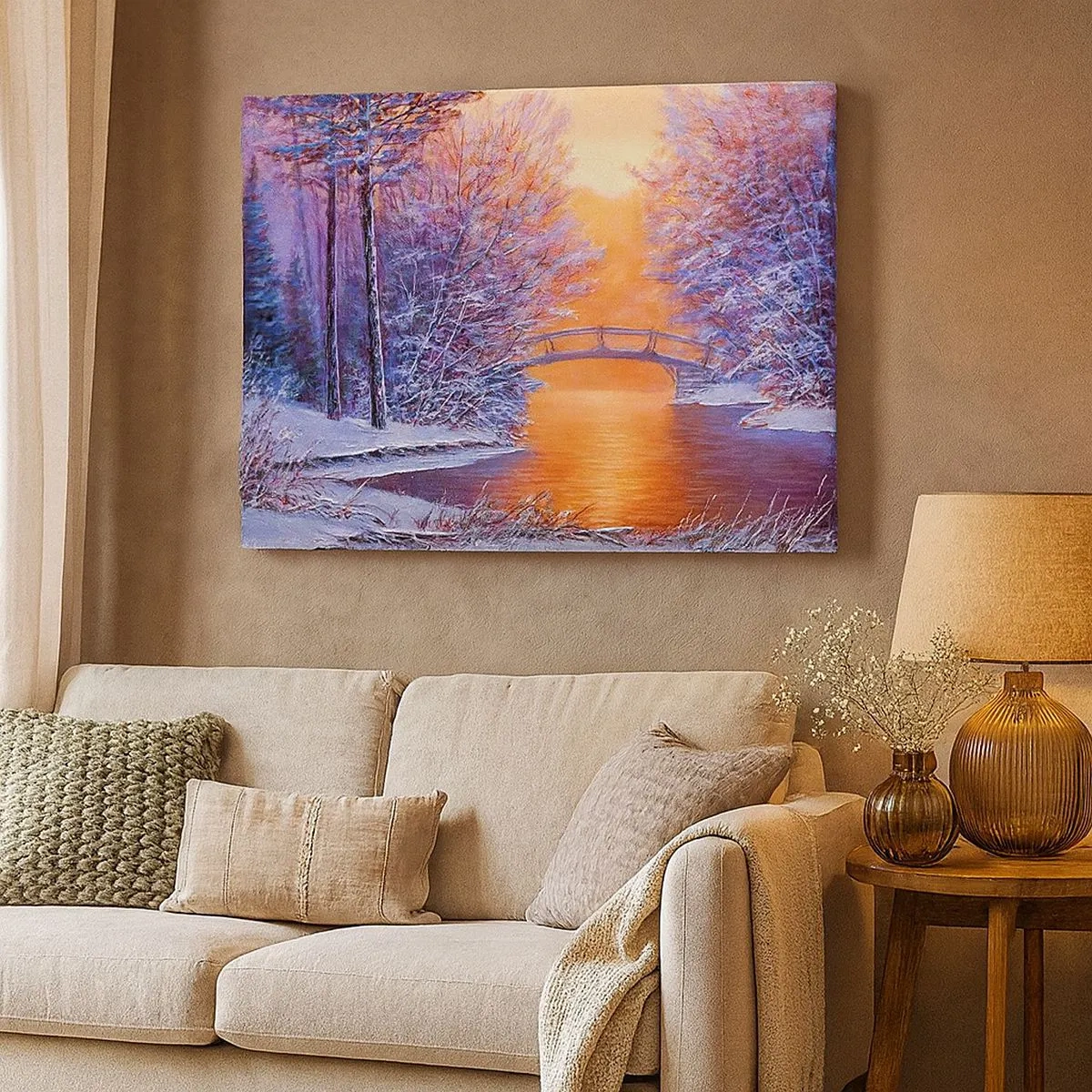 Bild auf Leinwand - Leinwandbild - Winterlandschaft mit Brücke und Sonnenuntergang - 70x50cm - Treffen wir uns hier - Moderne Wanddekoration für Wohnzimmer und Schlafzimmer ARTTOR