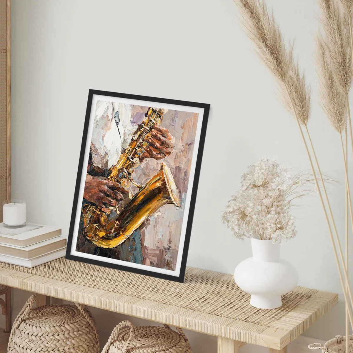 Poster in einem schwarzem Rahmen - Ein Saxophonist, der im Stil einer künstlerischen Malerei spielt - 50x70cm - Zeit fürs Solo - Moderne Wanddekoration für Wohnzimmer und Schlafzimmer ARTTOR