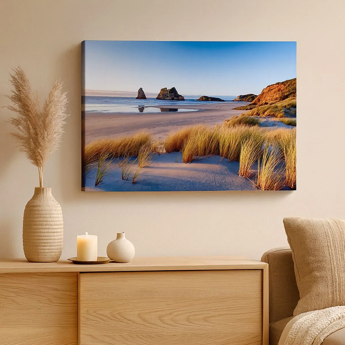 Bild auf Leinwand - Leinwandbild - Ein malerischer Strand mit Blick auf die Felsen und das Meer bei Sonnenuntergang - 70x50cm - Für Friedenssuchende - Moderne Wanddekoration für Wohnzimmer und Schlafzimmer ARTTOR