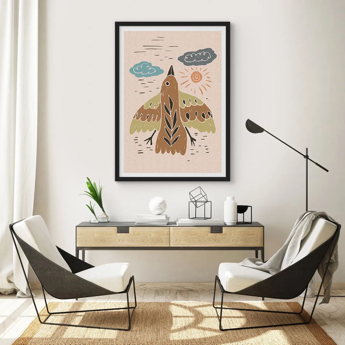 Poster in einem schwarzem Rahmen - Eine farbenfrohe Illustration eines Vogels im Flug, mit Wolken und der Sonne im Hintergrund. - 50x70cm - Guten Flug - Moderne Wanddekoration für Wohnzimmer und Schlafzimmer ARTTOR