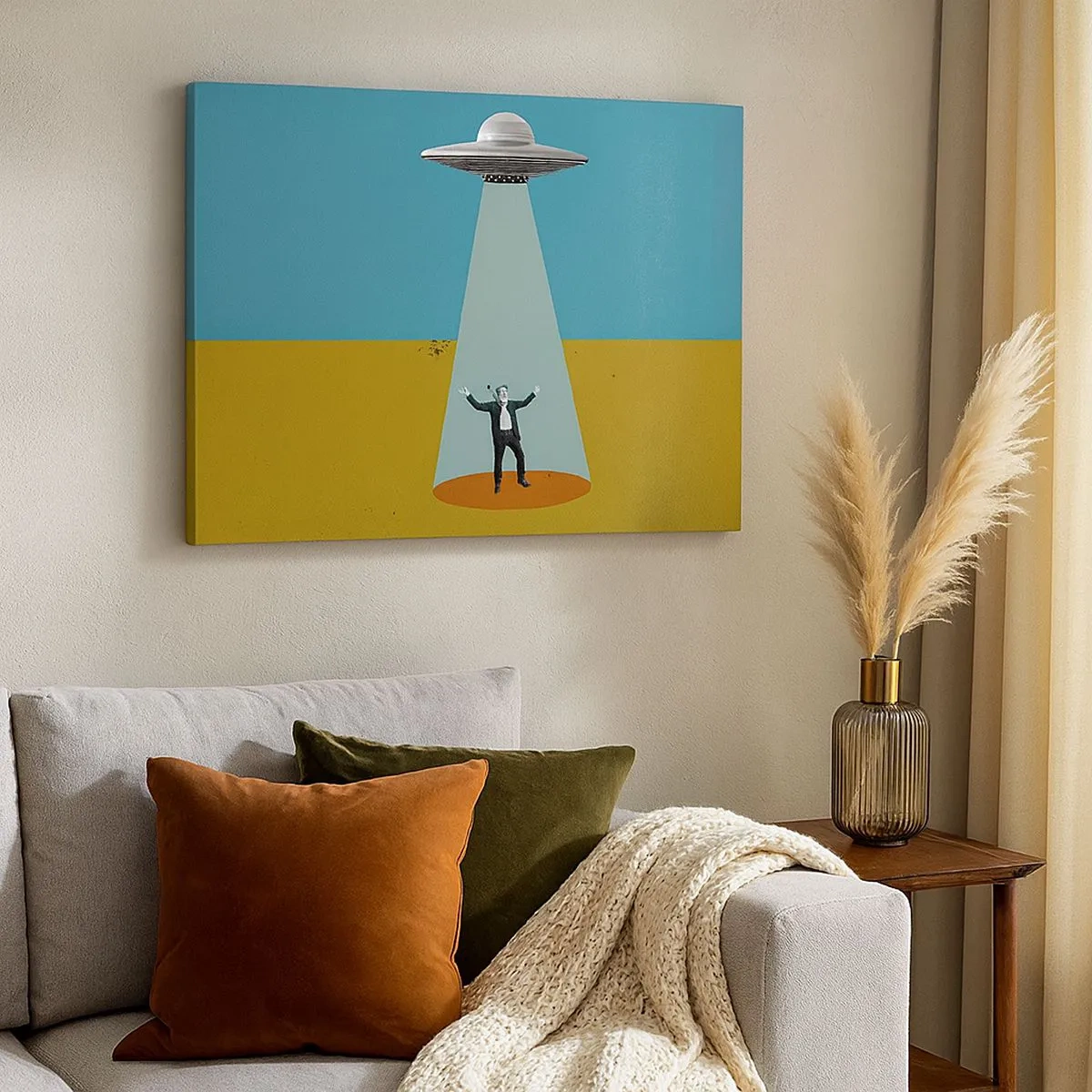 Bild auf Leinwand - Leinwandbild - Ein Mann im Licht eines UFOs vor dem Hintergrund einer farbenfrohen Landschaft - 70x50cm - Nahe Begegnung - Moderne Wanddekoration für Wohnzimmer und Schlafzimmer ARTTOR