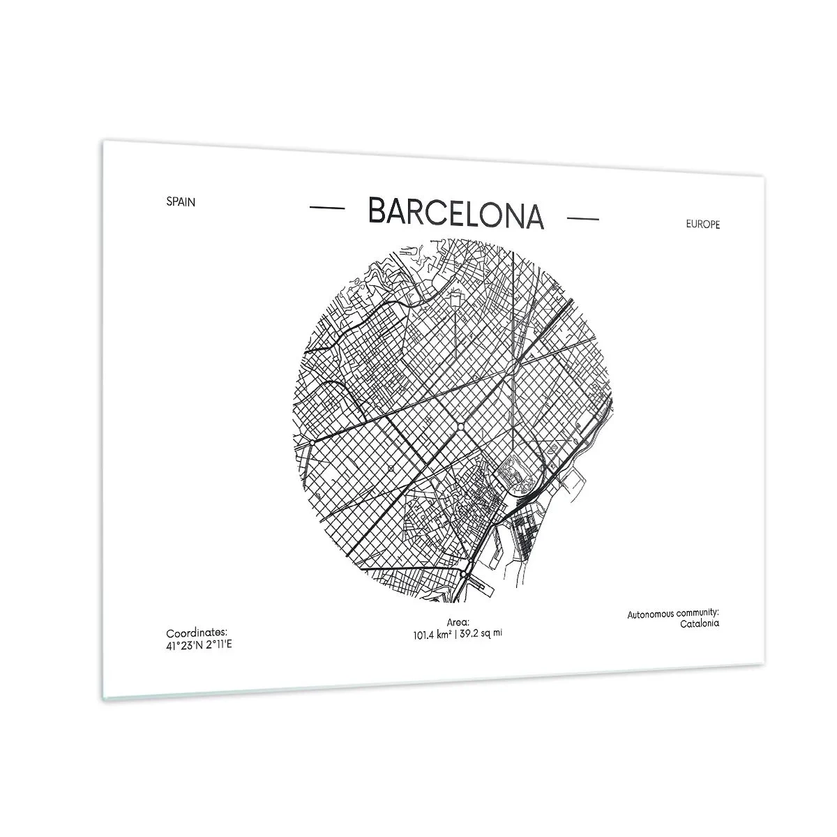 Glasbild - Bild auf glas - Eine minimalistische Karte von Barcelona in Schwarz-Weiß-Ästhetik - 70x50cm - Anatomie von Barcelona - Moderne Wanddekoration für Wohnzimmer und Schlafzimmer ARTTOR