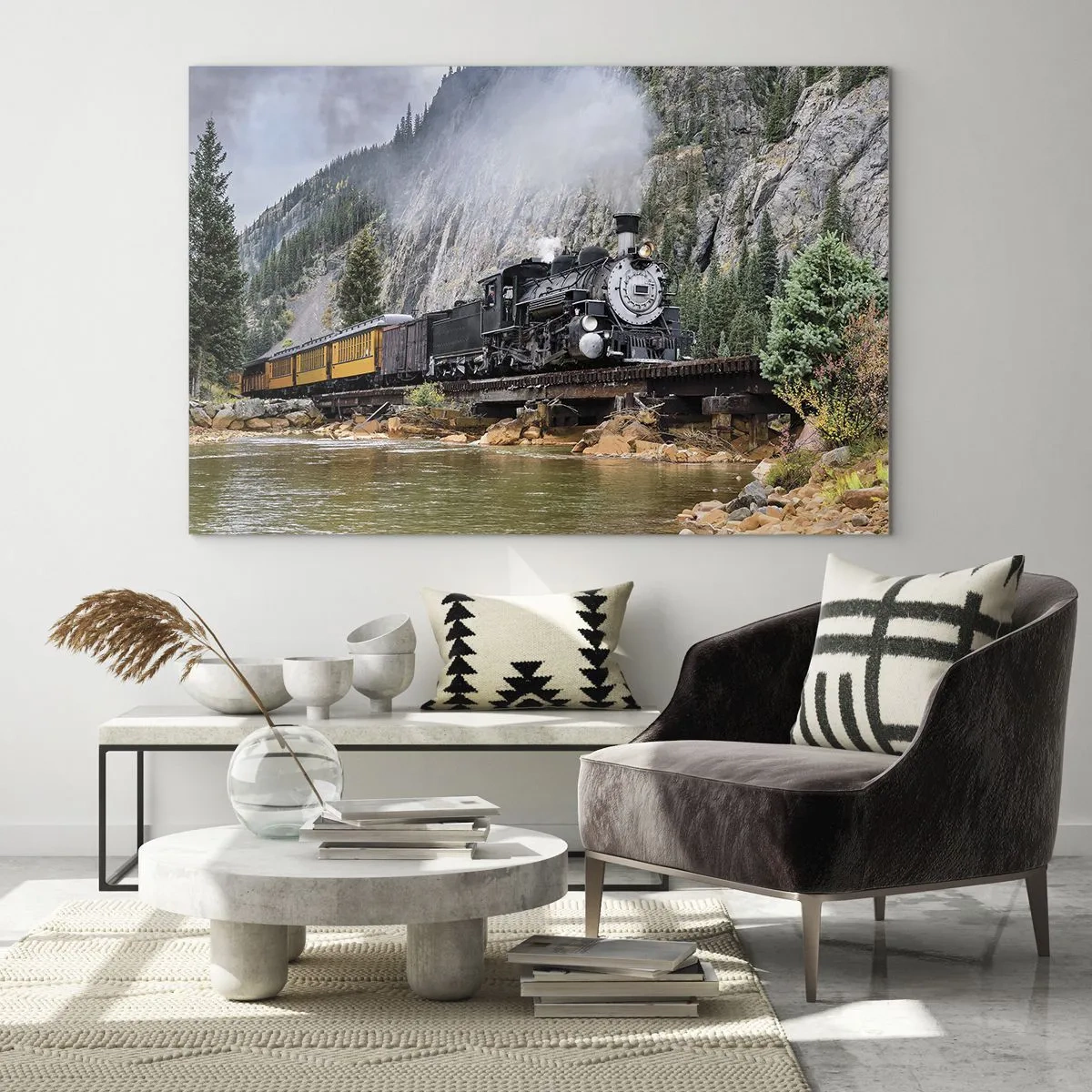 Glasbild - Bild auf glas - Eine Dampflokomotive auf einer Brücke in den Bergen - 70x50cm - Wo willst du hin? Wohin? - Moderne Wanddekoration für Wohnzimmer und Schlafzimmer ARTTOR