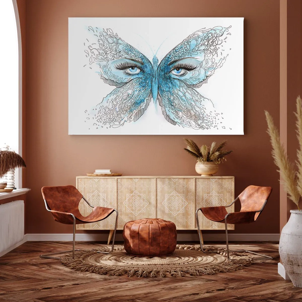 Bild auf Leinwand - Leinwandbild - Künstlerisches Aquarell eines Schmetterlings mit blauen Augen - 70x50cm - Eros Blaumeise - Moderne Wanddekoration für Wohnzimmer und Schlafzimmer ARTTOR