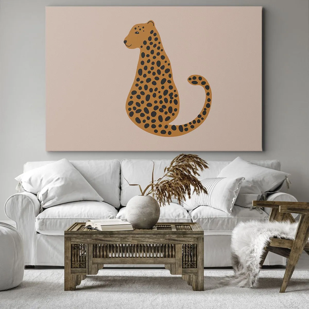 Bild auf Leinwand - Leinwandbild - Eine minimalistische Zeichnung eines Panthers auf beigem Hintergrund - 70x50cm - Leopardenmuster ist ein modisches Muster - Moderne Wanddekoration für Wohnzimmer und Schlafzimmer ARTTOR