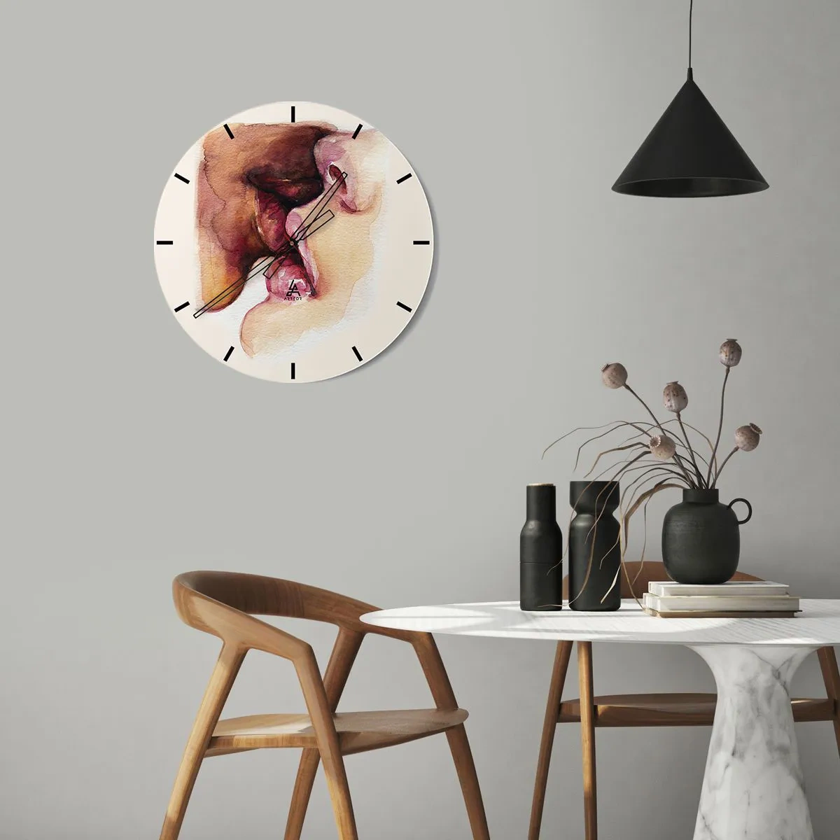 Wanduhr - Glasuhr - Ein Kuss zweier Gesichter im Aquarellstil - 30x30cm - Wie Tag und Nacht, Erde und Himmel - Moderne Wanddekoration für Wohnzimmer, Küche und Schlafzimmer ARTTOR