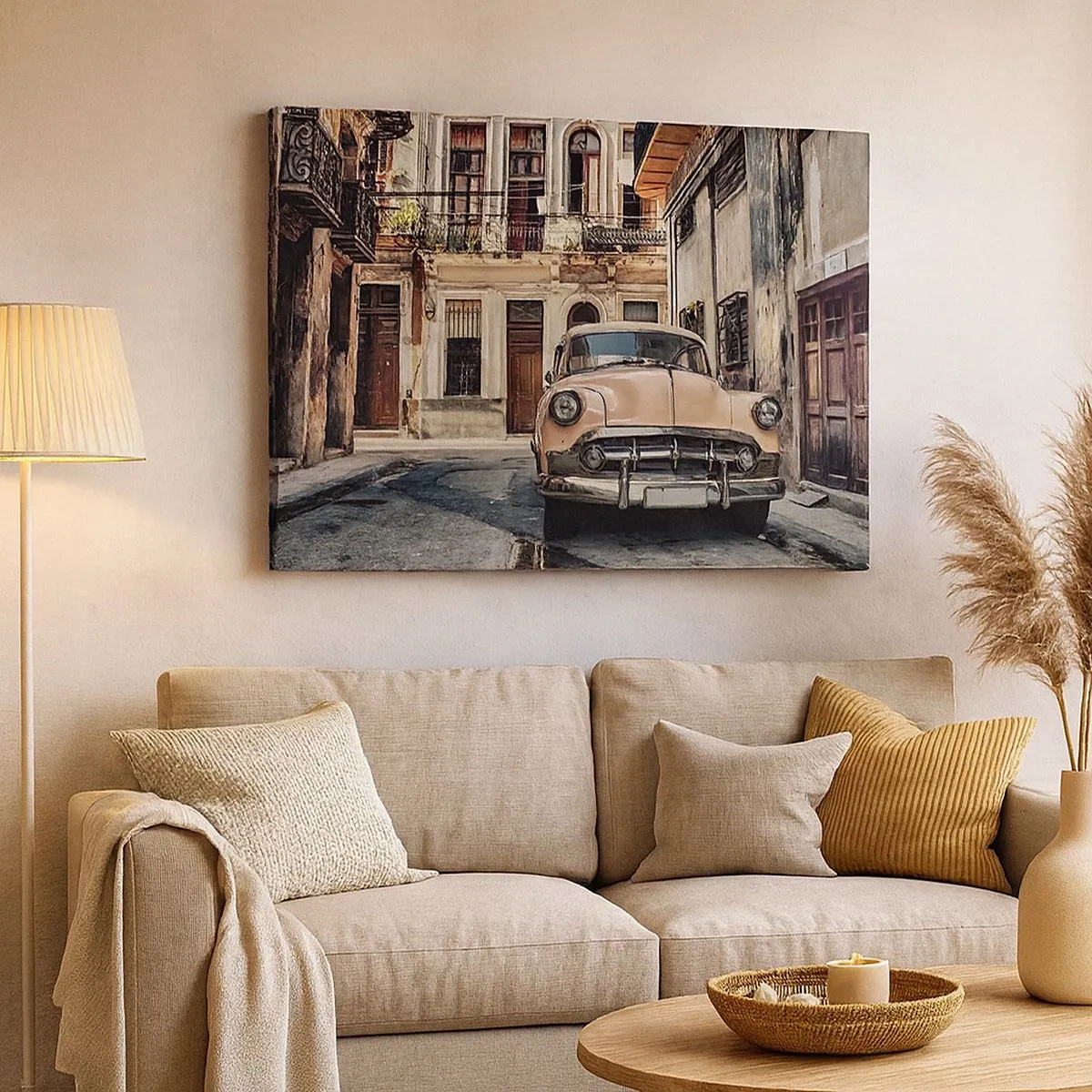 Bild auf Leinwand - Leinwandbild - Ein Oldtimer vor der Kulisse urbaner Architektur - 70x50cm - Die Siesta in Havanna - Moderne Wanddekoration für Wohnzimmer und Schlafzimmer ARTTOR