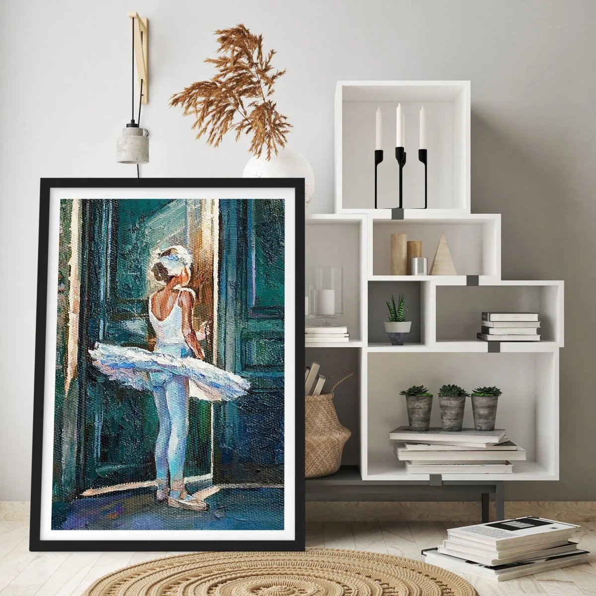 Poster in einem schwarzem Rahmen - Ballerina im Licht einer Tür im impressionistischen Stil - 50x70cm - Vor der Show - Moderne Wanddekoration für Wohnzimmer und Schlafzimmer ARTTOR