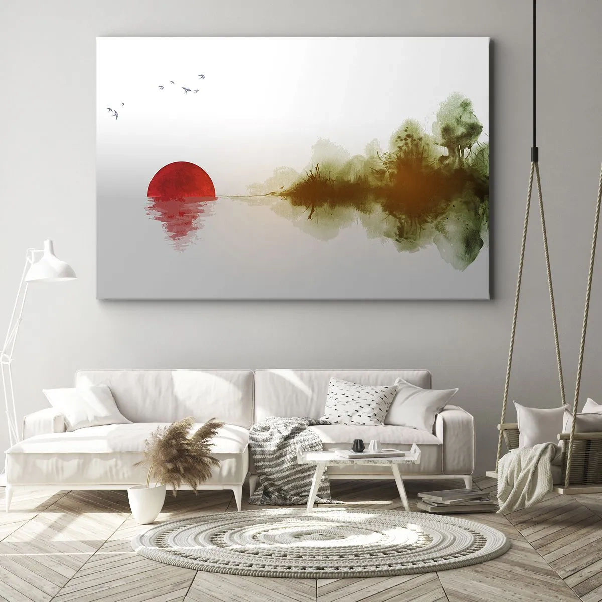 Bild auf Leinwand - Leinwandbild - Abstrakter Sonnenuntergang über einem See mit Reflexion - 70x50cm - Versprechen der Ruhe - Moderne Wanddekoration für Wohnzimmer und Schlafzimmer ARTTOR