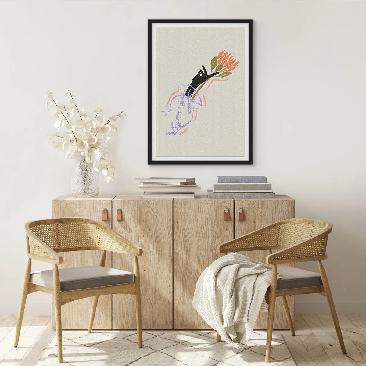 Poster in einem schwarzem Rahmen - Abstrakte Zeichnung einer Hand, die einen Blumenstrauß hält - 50x70cm - Schwesterliche Berührung - Moderne Wanddekoration für Wohnzimmer und Schlafzimmer ARTTOR