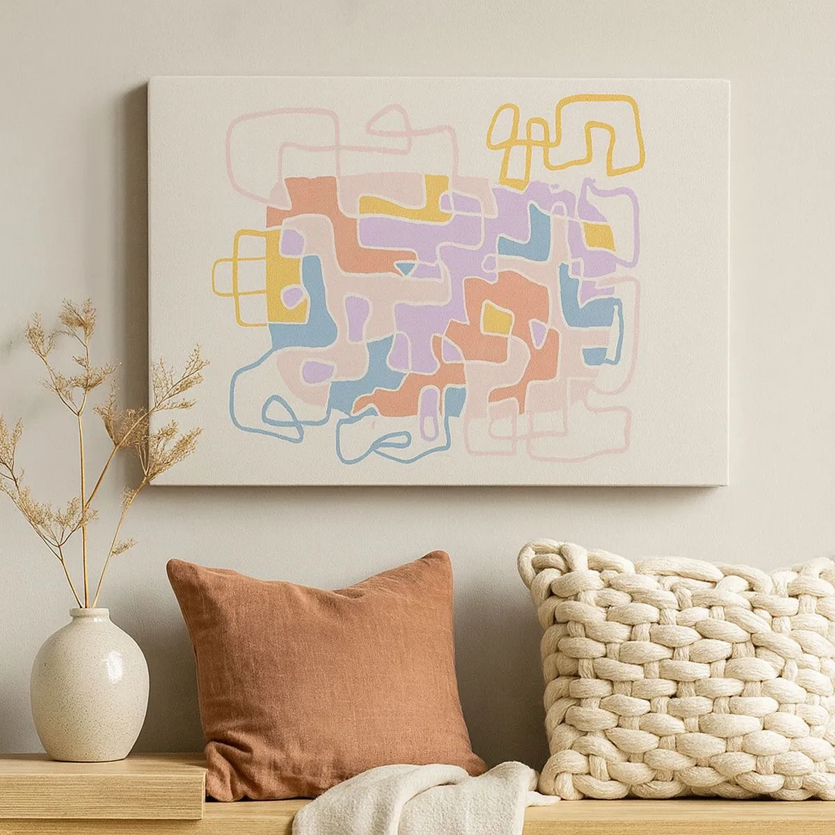 Bild auf Leinwand - Leinwandbild - Pastellfarbene abstrakte Linien erzeugen geometrische Muster - 70x50cm - Labyrinth – ein freudiges Abenteuer - Moderne Wanddekoration für Wohnzimmer und Schlafzimmer ARTTOR