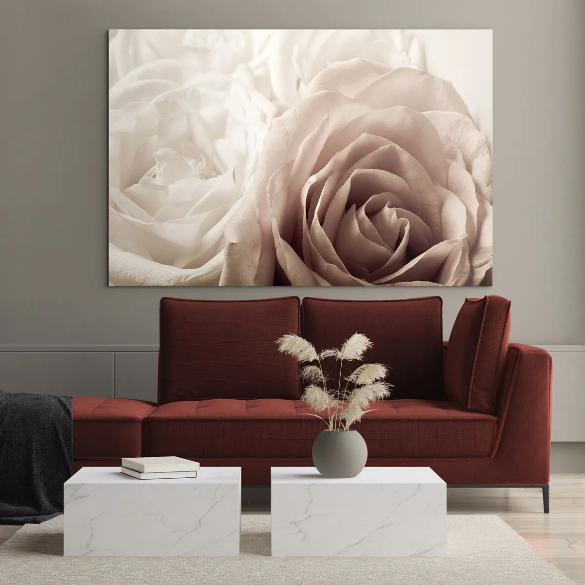 Glasbild - Bild auf glas - Zarte helle Rosen in romantischer Nahaufnahme - 70x50cm - Im Herzen der Rose - Moderne Wanddekoration für Wohnzimmer und Schlafzimmer ARTTOR