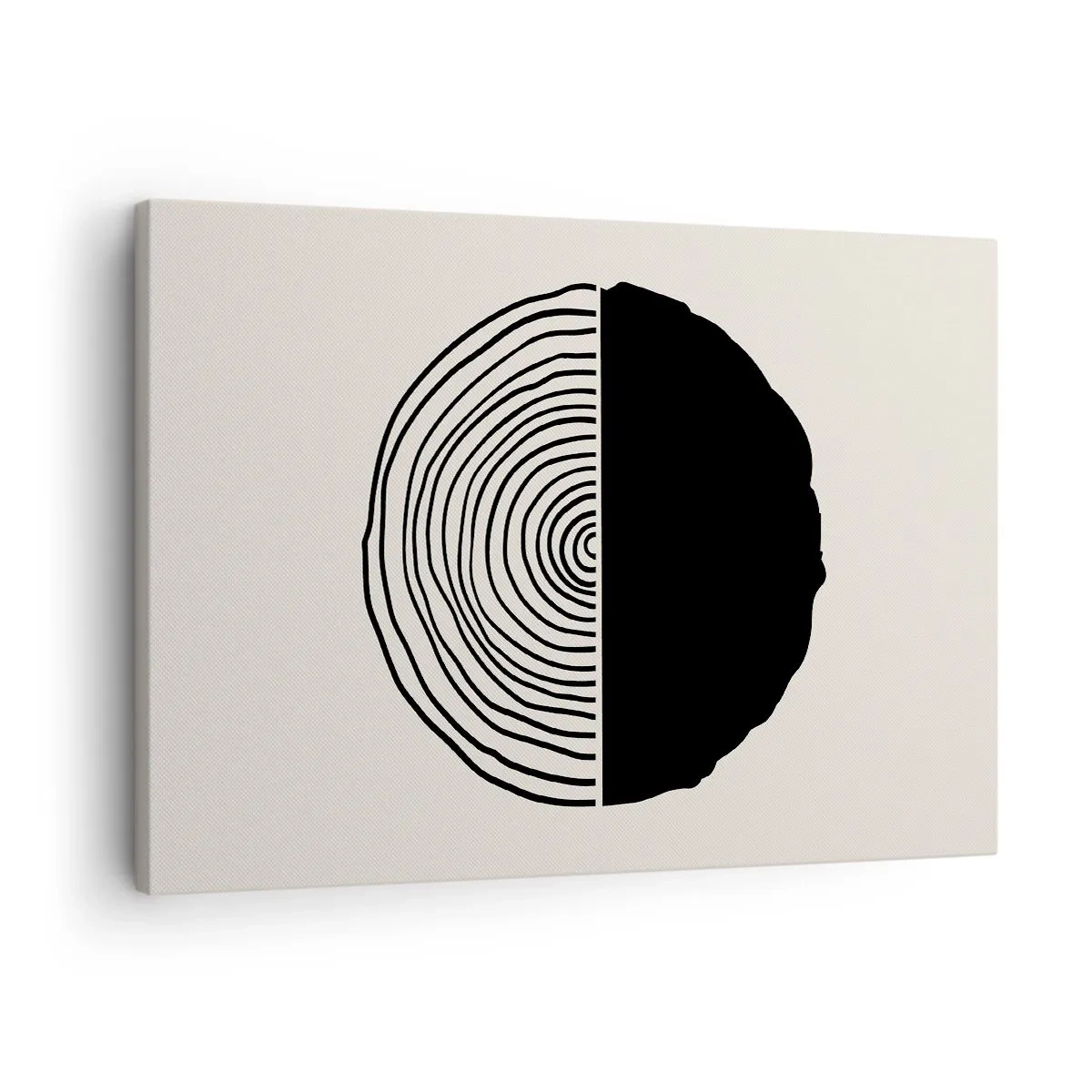 Bild auf Leinwand - Leinwandbild - Ein abstraktes Schwarz-Weiß-Motiv, inspiriert von einem Holzquerschnitt mit geometrischer Unterteilung. - 70x50cm - Halb und halb - Moderne Wanddekoration für Wohnzimmer und Schlafzimmer ARTTOR