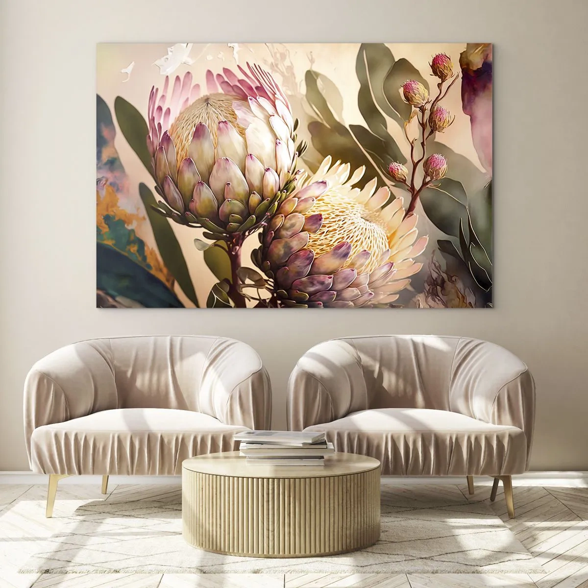 Glasbild - Bild auf glas - Protea-Blüten in warmen Tönen und sanftem Licht - 70x50cm - Zärtlich umarmt - Moderne Wanddekoration für Wohnzimmer und Schlafzimmer ARTTOR