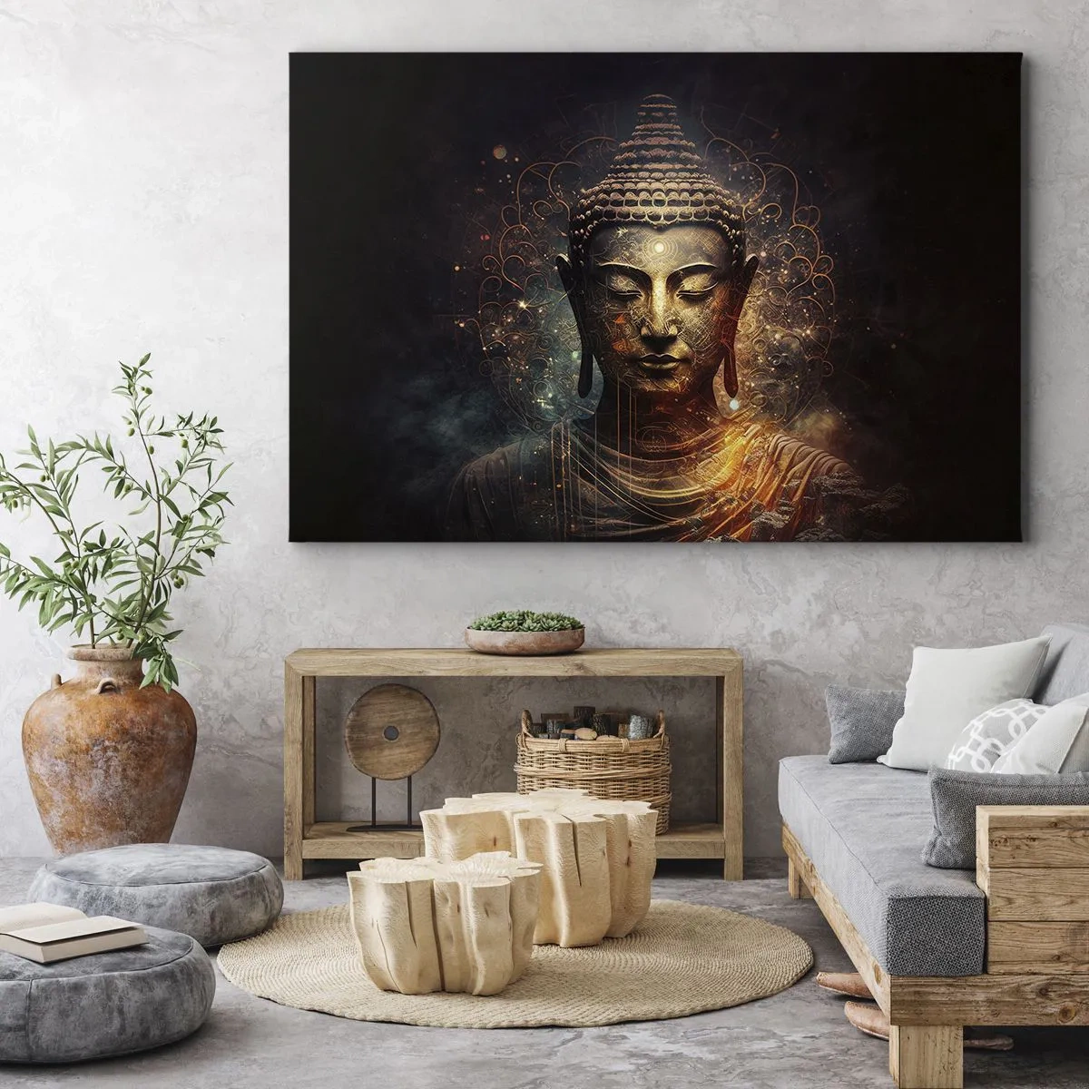 Bild auf Leinwand - Leinwandbild - Goldener Buddha auf dunklem Hintergrund mit Ornamenten - 70x50cm - Spirituelles Gleichgewicht - Moderne Wanddekoration für Wohnzimmer und Schlafzimmer ARTTOR