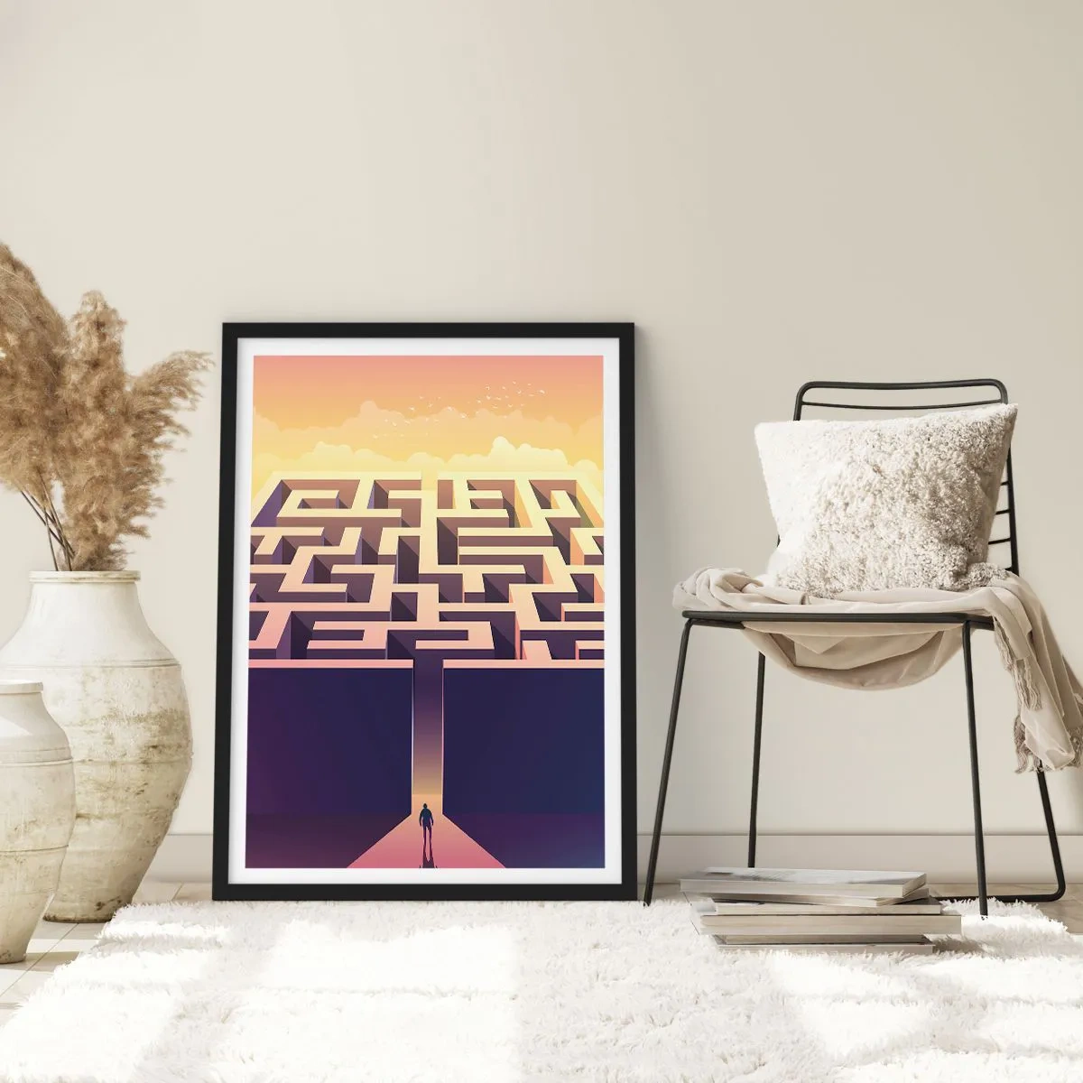 Poster in einem schwarzem Rahmen - Ein symbolisches Labyrinth in goldenem Licht - 50x70cm - Entscheidungszeit - Moderne Wanddekoration für Wohnzimmer und Schlafzimmer ARTTOR