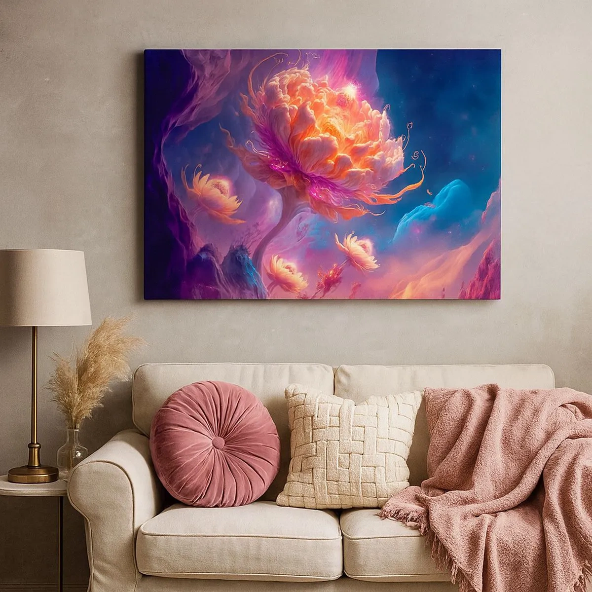 Bild auf Leinwand - Leinwandbild - Fantasieblumen in einer kosmischen Landschaft - 70x50cm - Andere Welt - Moderne Wanddekoration für Wohnzimmer und Schlafzimmer ARTTOR