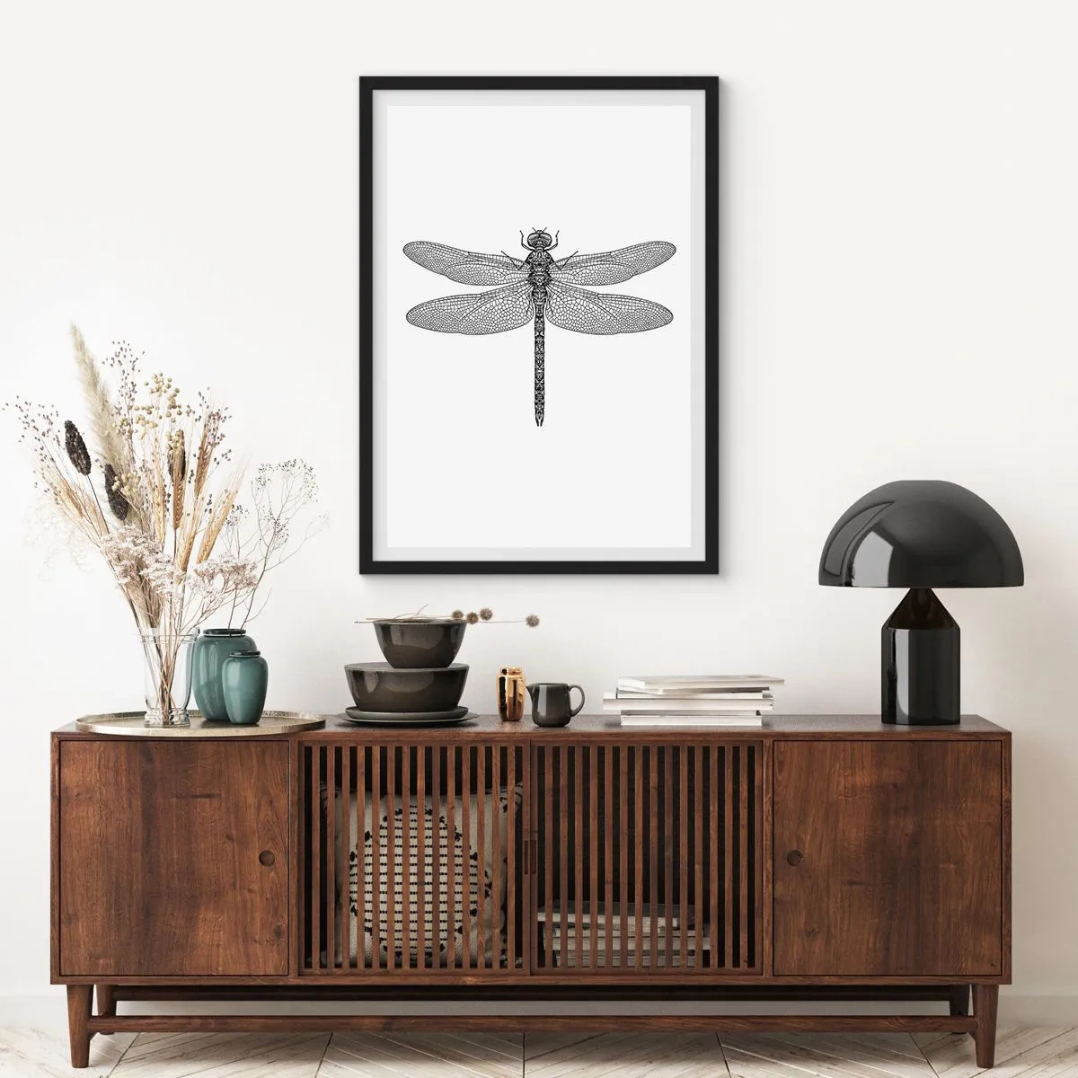 Poster in einem schwarzem Rahmen - Schwarz-weiße Abbildung einer Libelle auf weißem Hintergrund - 50x70cm - Präzision der Natur - Moderne Wanddekoration für Wohnzimmer und Schlafzimmer ARTTOR