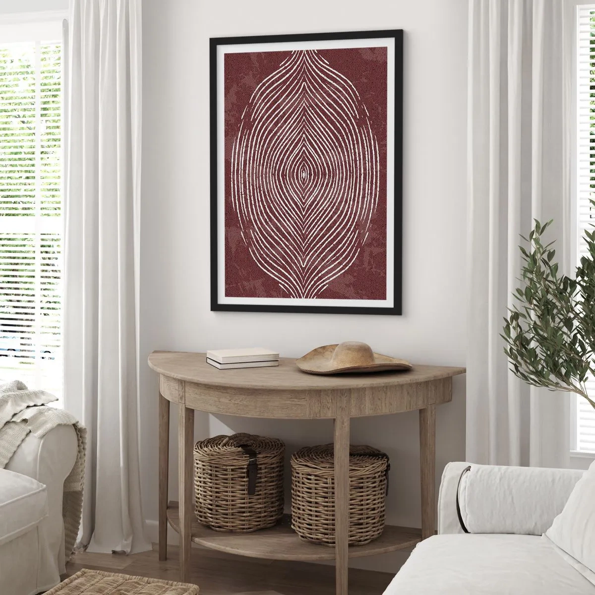 Poster in einem schwarzem Rahmen - Ein hypnotisches Muster aus weißen Linien auf braunem Hintergrund. - 50x70cm - Der Raum spricht - Moderne Wanddekoration für Wohnzimmer und Schlafzimmer ARTTOR