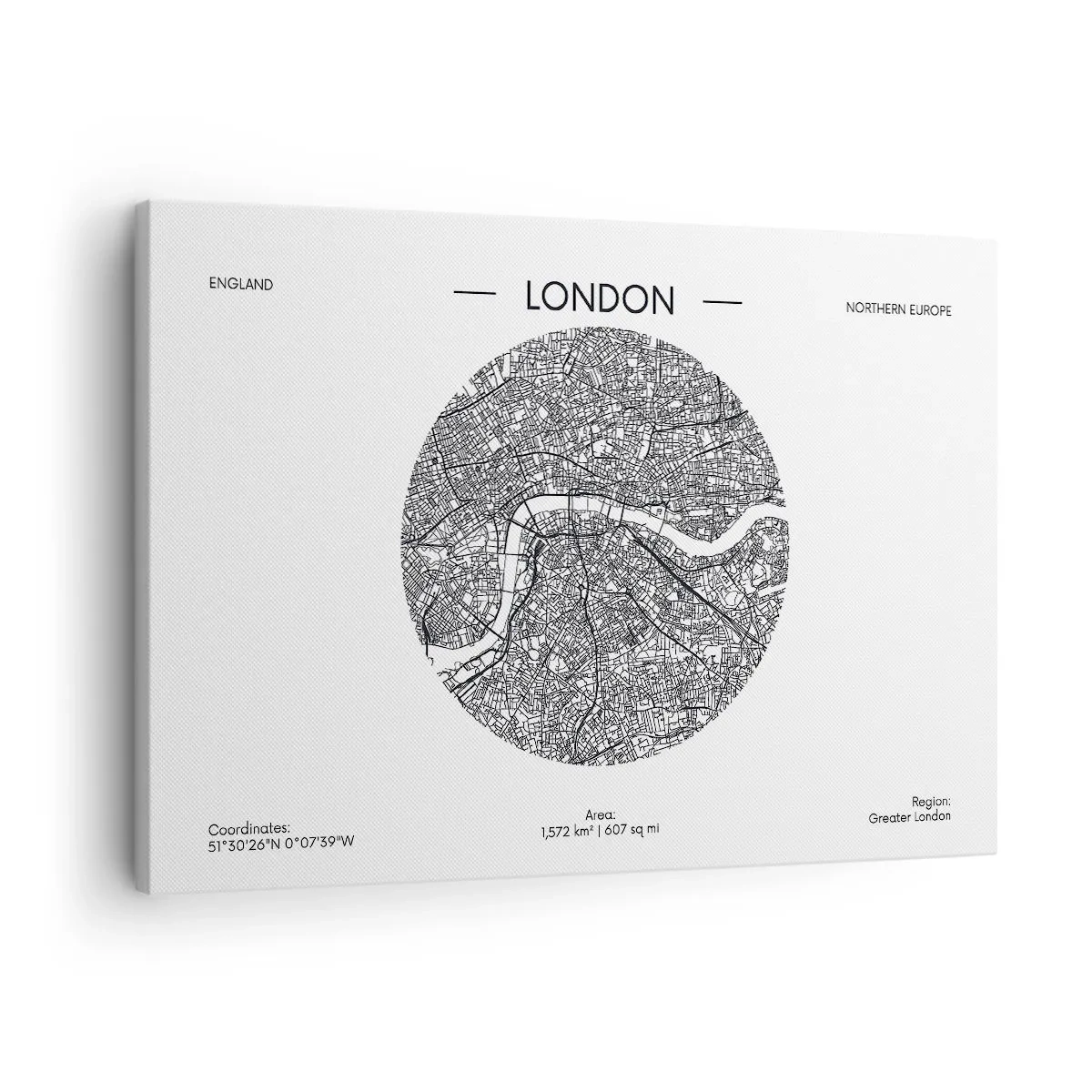 Bild auf Leinwand - Leinwandbild - Eine minimalistische Karte von London in Schwarzweiß mit präzisen Details. - 70x50cm - Anatomie von London - Moderne Wanddekoration für Wohnzimmer und Schlafzimmer ARTTOR