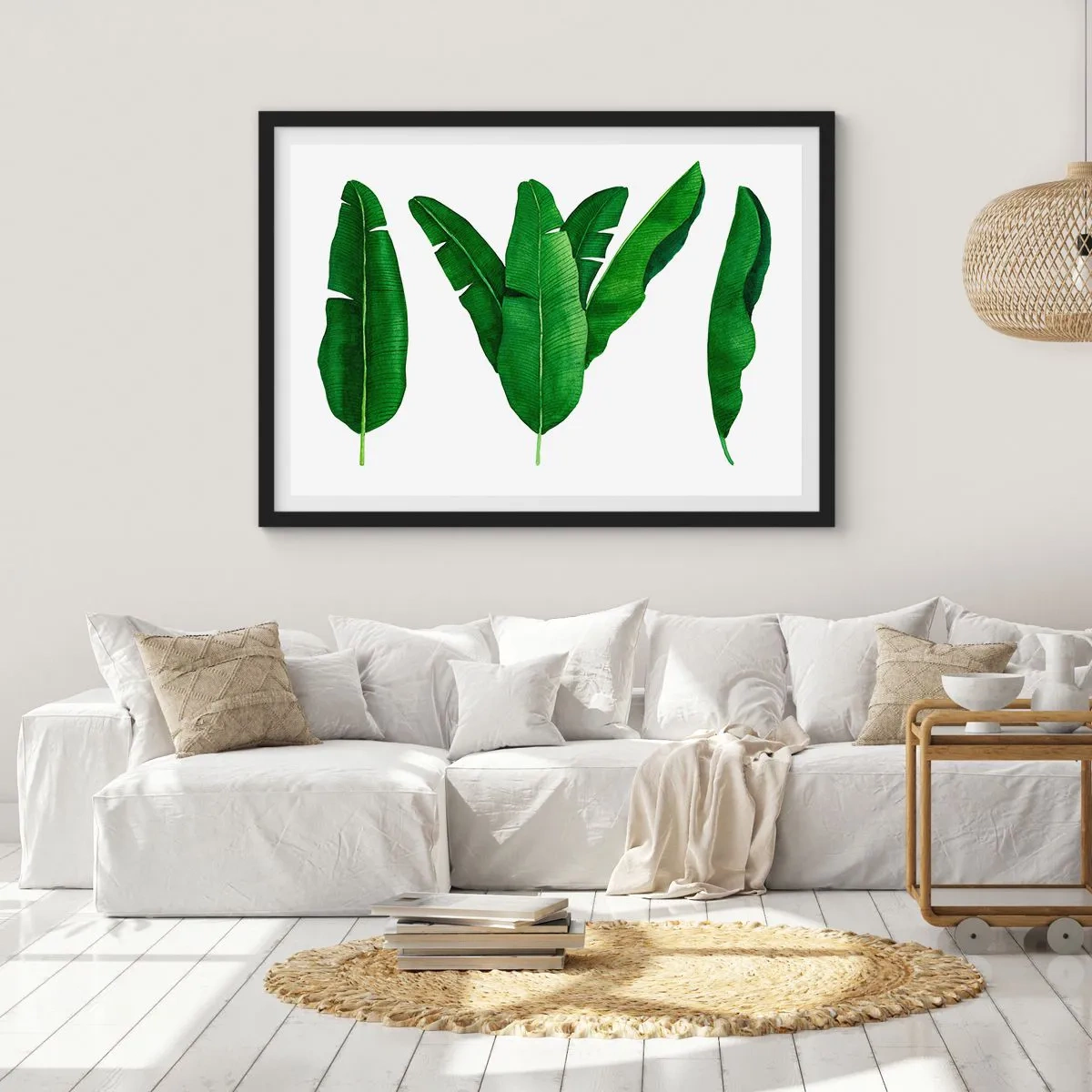 Poster in einem schwarzem Rahmen - Drei Bananenblätter in künstlerischer Umsetzung - 70x50cm - Grüne Symmetrie - Moderne Wanddekoration für Wohnzimmer und Schlafzimmer ARTTOR