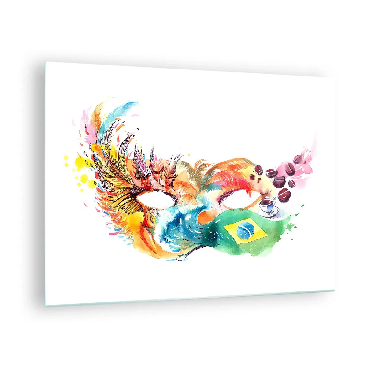 Glasbild - Bild auf glas - Eine farbenfrohe Maske, inspiriert vom brasilianischen Karneval - 70x50cm - Brasilien begrüßt Samba - Moderne Wanddekoration für Wohnzimmer und Schlafzimmer ARTTOR