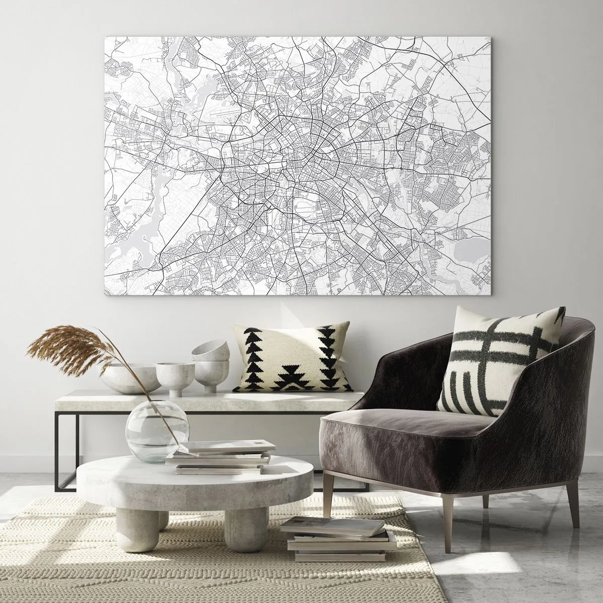Glasbild - Bild auf glas - Schwarz-weiße Karte von Berlin mit geometrischem Straßenverlauf - 70x50cm - Berliner Blume - Moderne Wanddekoration für Wohnzimmer und Schlafzimmer ARTTOR