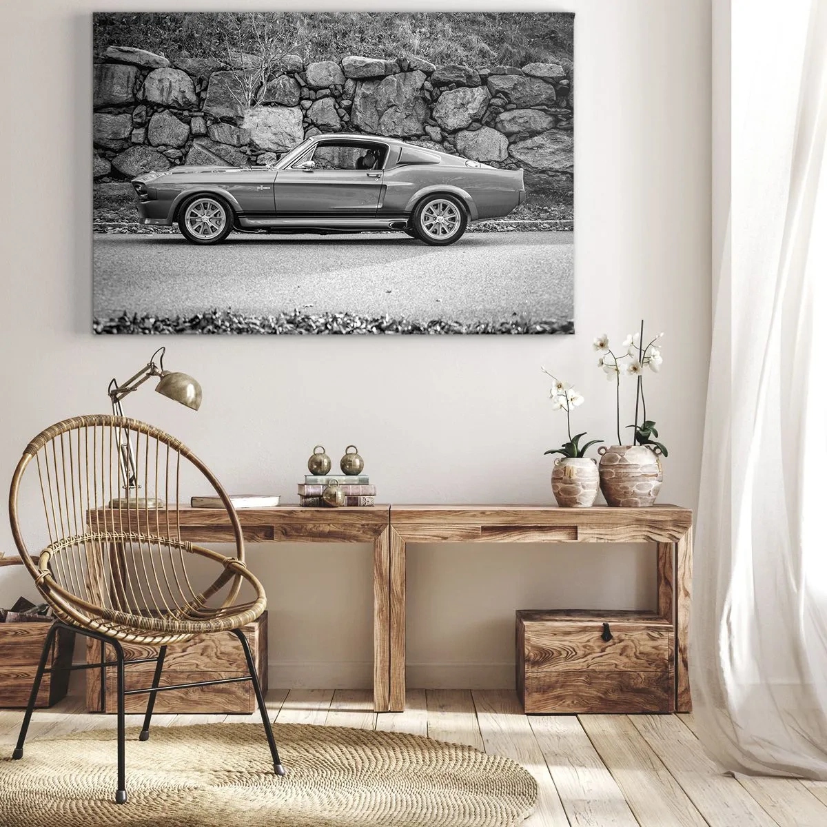Bild auf Leinwand - Leinwandbild - Schwarz-Weiß-Foto eines Oldtimers - 70x50cm - Die Legende der 1960er - Moderne Wanddekoration für Wohnzimmer und Schlafzimmer ARTTOR