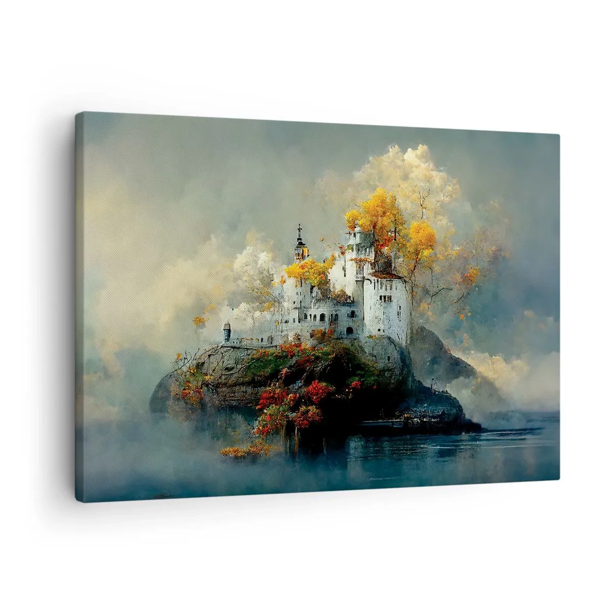 Bild auf Leinwand - Leinwandbild - Ein Schloss auf einem Hügel, umgeben von herbstlichen Bäumen - 70x50cm - Beginn einer romantischen Geschichte - Moderne Wanddekoration für Wohnzimmer und Schlafzimmer ARTTOR