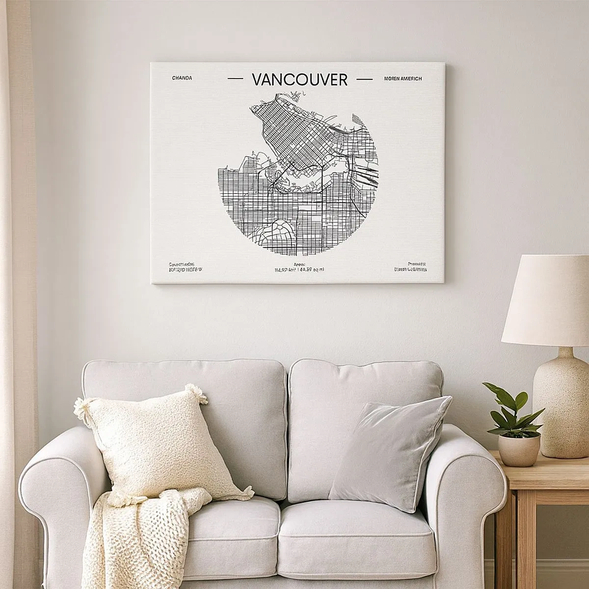 Bild auf Leinwand - Leinwandbild - Eine Karte von Vancouver im minimalistischen Schwarz-Weiß-Stil - 70x50cm - Anatomie von Vacouver - Moderne Wanddekoration für Wohnzimmer und Schlafzimmer ARTTOR