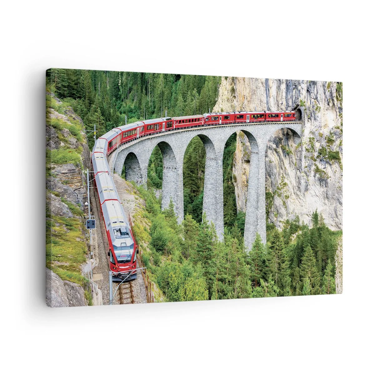 Bild auf Leinwand - Leinwandbild - Ein Zug auf einem malerischen Viadukt in einer Berglandschaft - 70x50cm - Eisenbahn für Bergblick - Moderne Wanddekoration für Wohnzimmer und Schlafzimmer ARTTOR