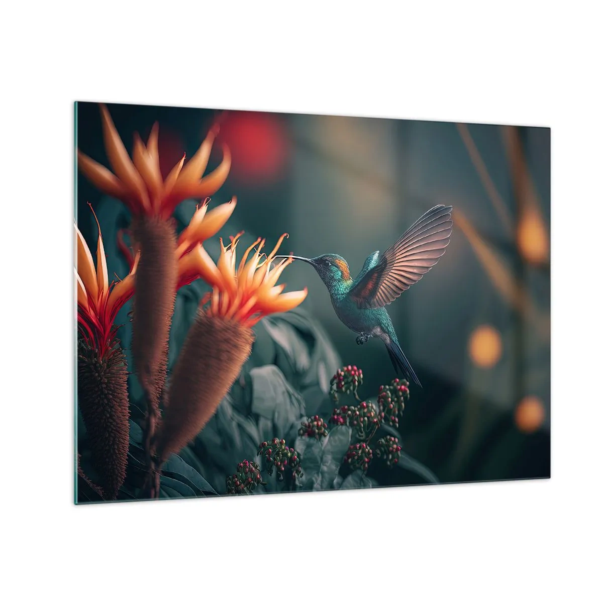 Glasbild - Bild auf glas - Ein Kolibri schwebt über exotischen Blumen zwischen den Blättern. - 70x50cm - Wirklich buntes Leben - Moderne Wanddekoration für Wohnzimmer und Schlafzimmer ARTTOR