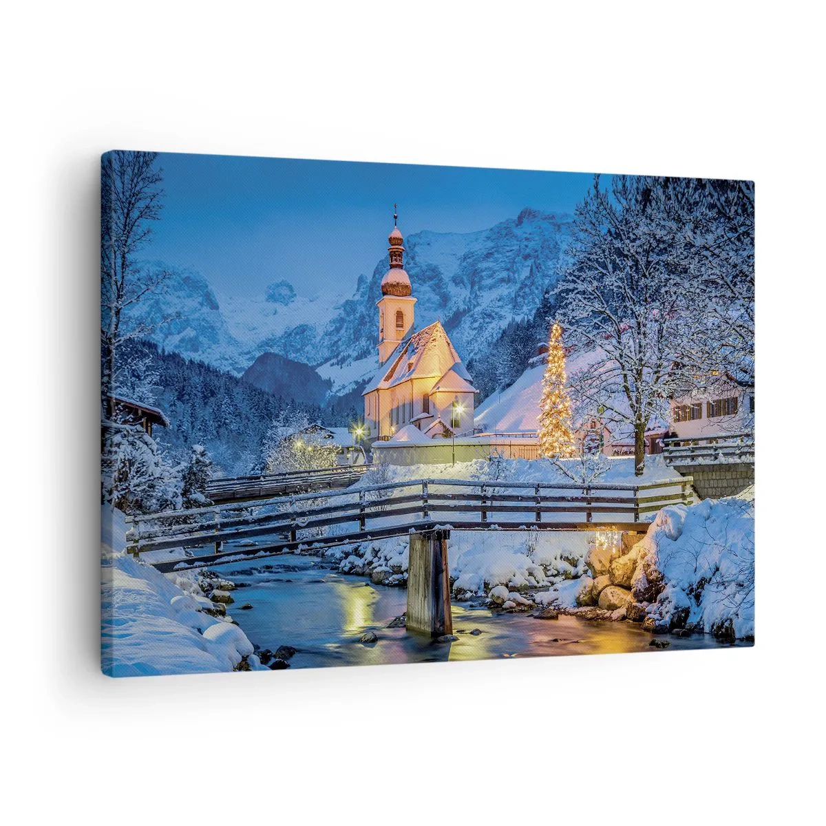 Bild auf Leinwand - Leinwandbild - Winterlandschaft mit Kirche, Brücke und Bergen in der Abenddämmerung - 70x50cm - Weihnachtsgeist - Moderne Wanddekoration für Wohnzimmer und Schlafzimmer ARTTOR