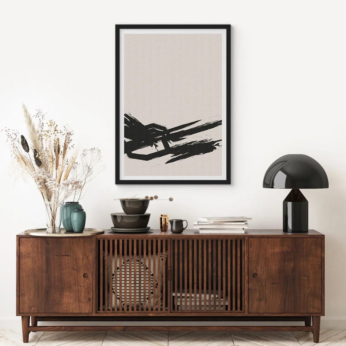 Poster in einem schwarzem Rahmen - Dynamische Abstraktion mit einem Pinselstrich in Schwarz - 50x70cm - Unaufhaltsamer Trieb - Moderne Wanddekoration für Wohnzimmer und Schlafzimmer ARTTOR