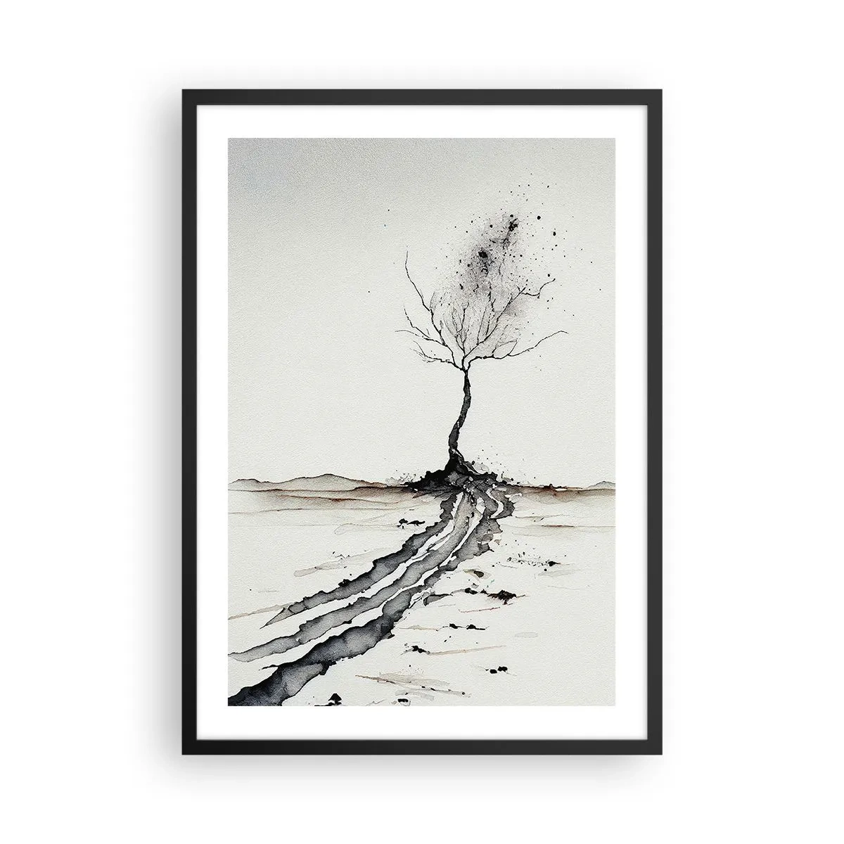 Poster in einem schwarzem Rahmen - Ein minimalistischer Baum mit abstrakten Wurzeln - 50x70cm - Wintermelancholie - Moderne Wanddekoration für Wohnzimmer und Schlafzimmer ARTTOR